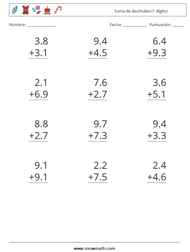 (12) Suma de decimales (1 dígito) Hojas de trabajo de matemáticas 6