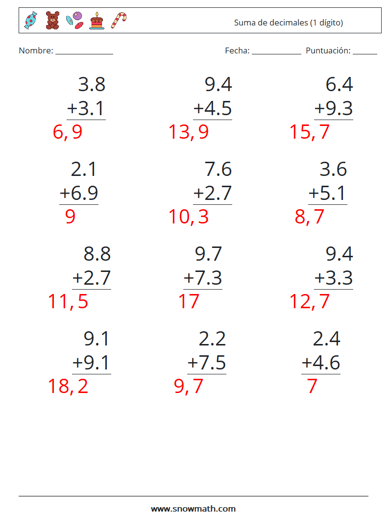 (12) Suma de decimales (1 dígito) Hojas de trabajo de matemáticas 6 Pregunta, respuesta