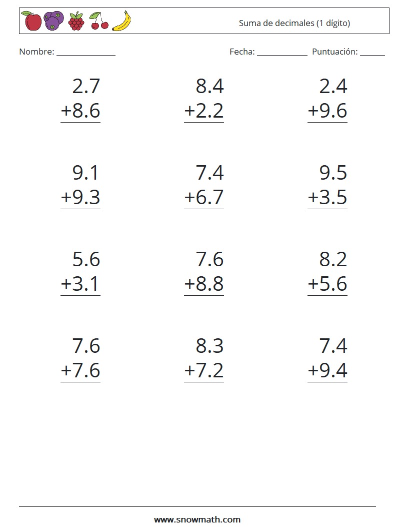 (12) Suma de decimales (1 dígito) Hojas de trabajo de matemáticas 7