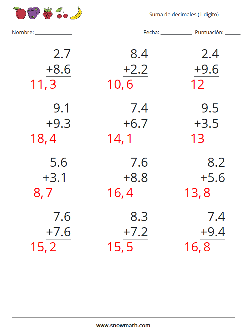 (12) Suma de decimales (1 dígito) Hojas de trabajo de matemáticas 7 Pregunta, respuesta