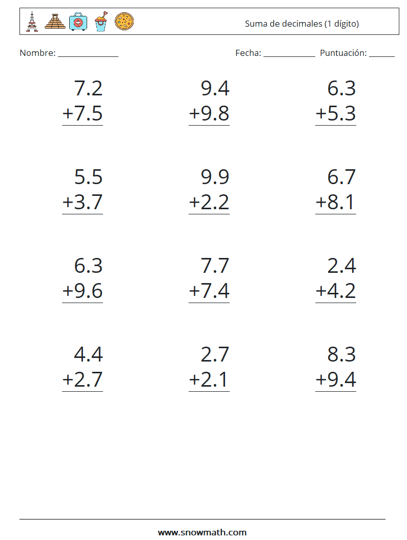 (12) Suma de decimales (1 dígito) Hojas de trabajo de matemáticas 8