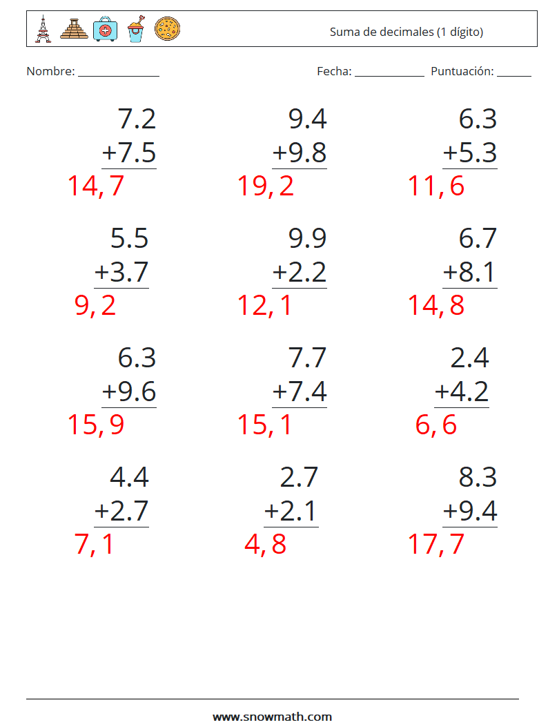 (12) Suma de decimales (1 dígito) Hojas de trabajo de matemáticas 8 Pregunta, respuesta