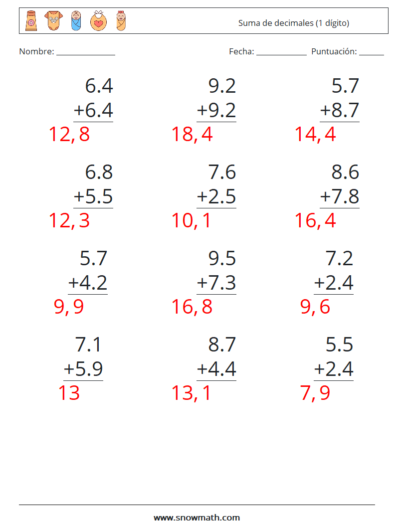 (12) Suma de decimales (1 dígito) Hojas de trabajo de matemáticas 9 Pregunta, respuesta