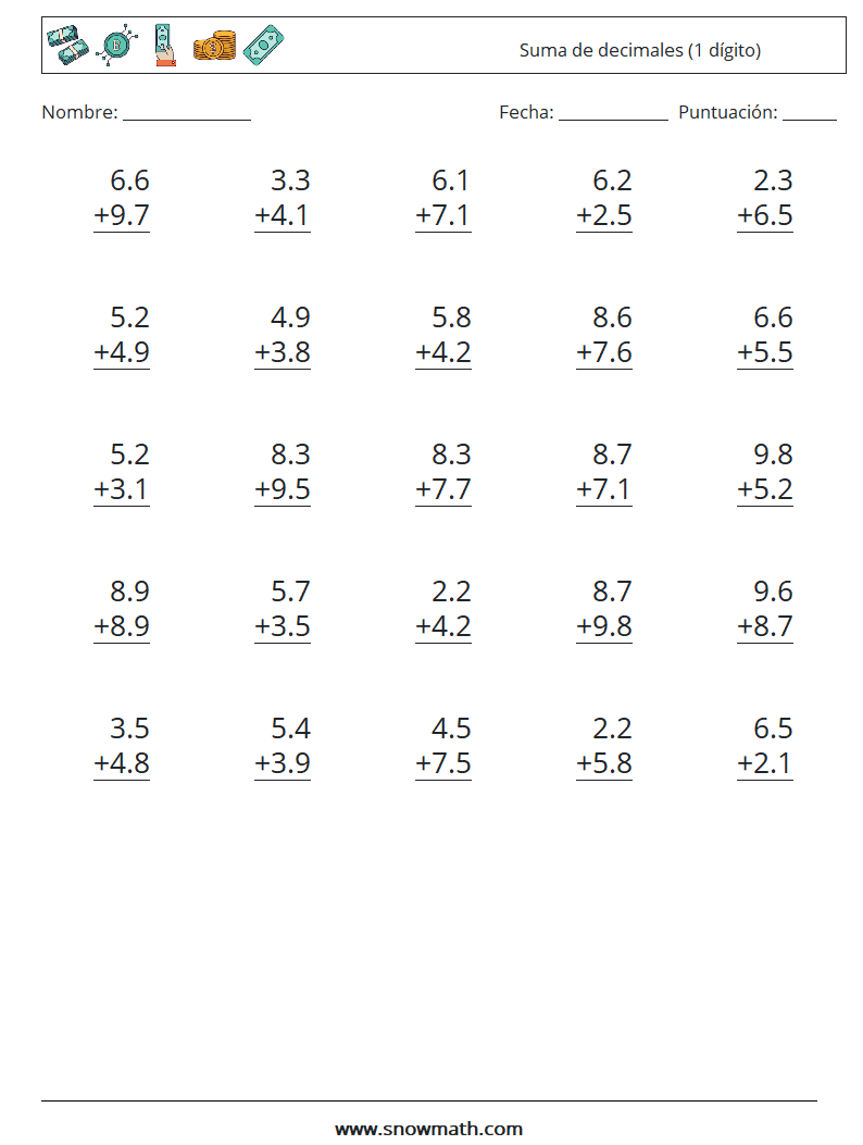 (25) Suma de decimales (1 dígito) Hojas de trabajo de matemáticas 1