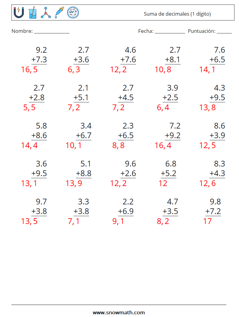 (25) Suma de decimales (1 dígito) Hojas de trabajo de matemáticas 11 Pregunta, respuesta