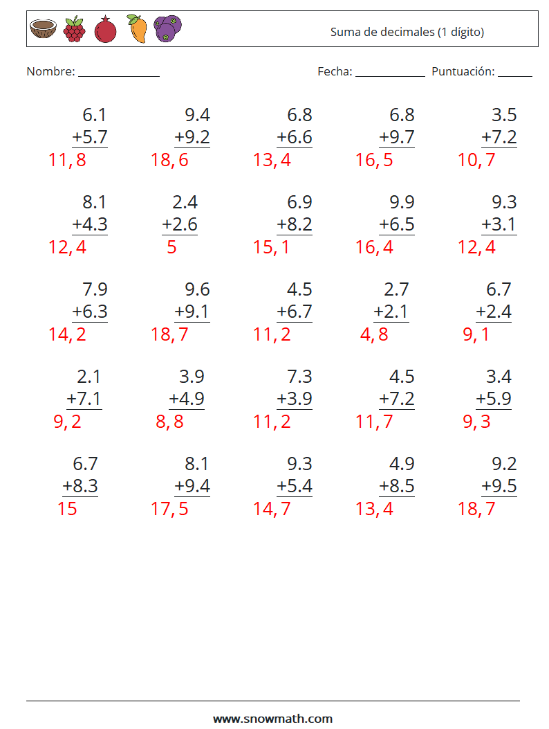 (25) Suma de decimales (1 dígito) Hojas de trabajo de matemáticas 12 Pregunta, respuesta