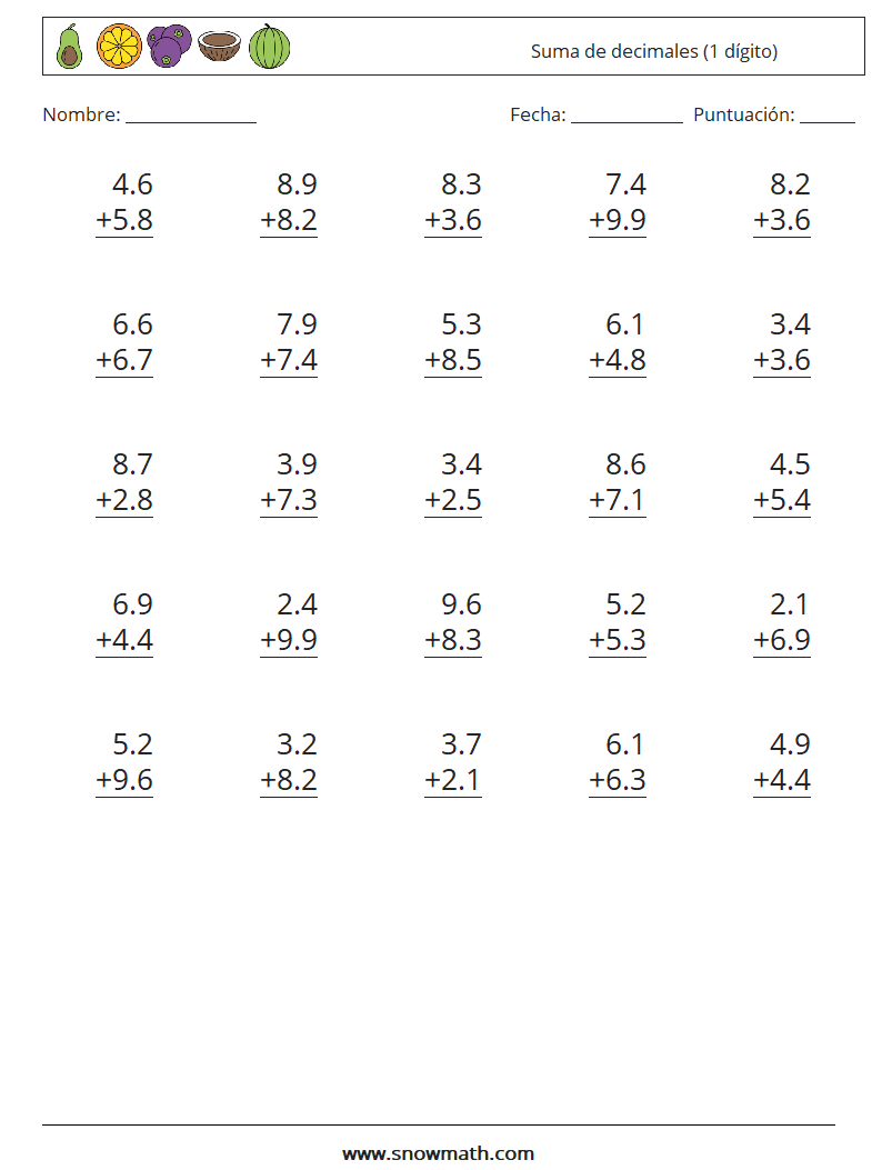 (25) Suma de decimales (1 dígito) Hojas de trabajo de matemáticas 13