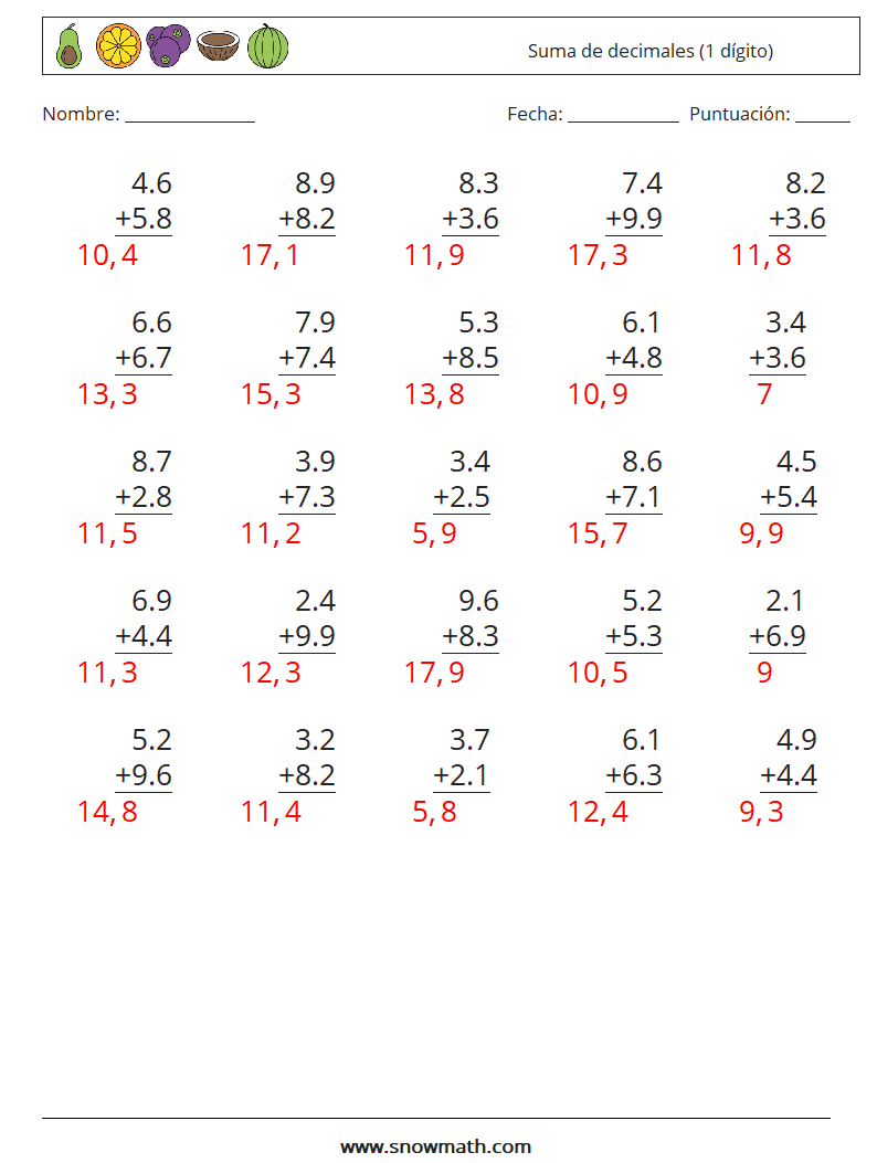 (25) Suma de decimales (1 dígito) Hojas de trabajo de matemáticas 13 Pregunta, respuesta