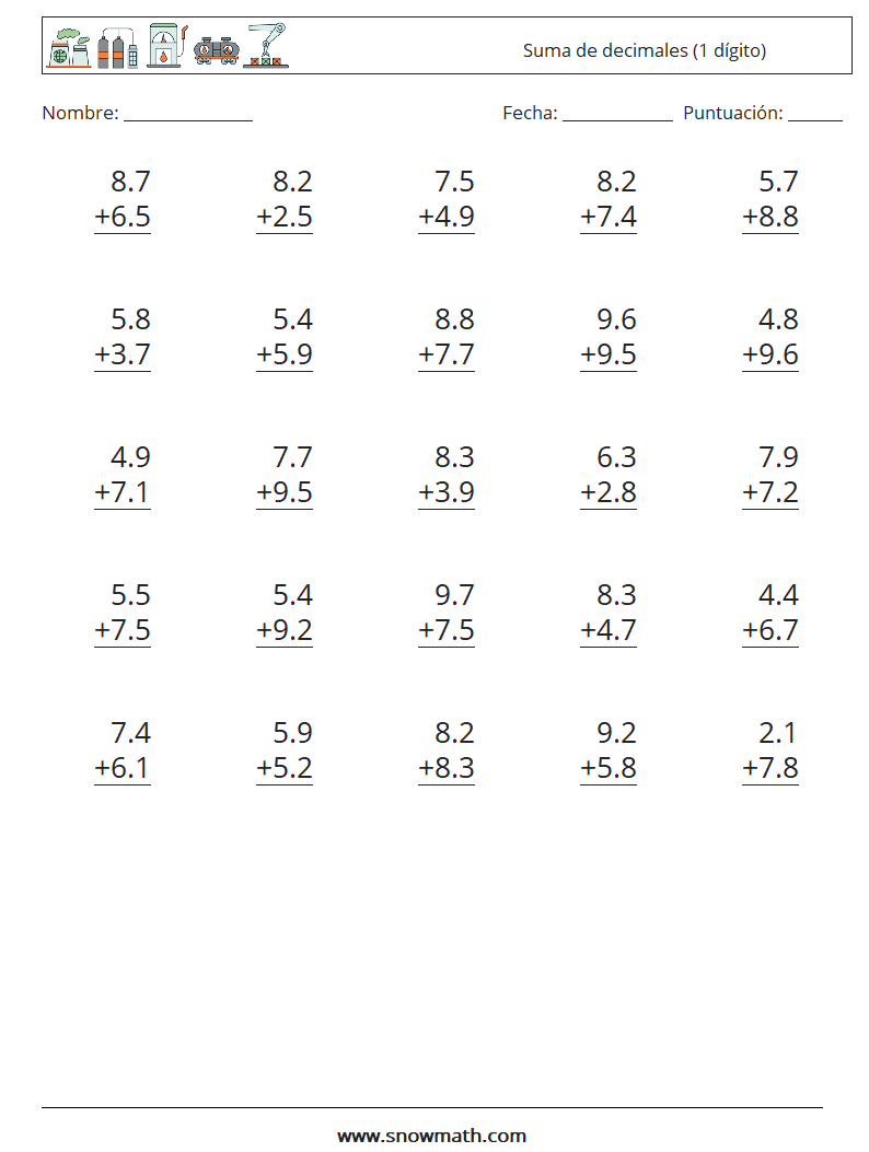 (25) Suma de decimales (1 dígito) Hojas de trabajo de matemáticas 14