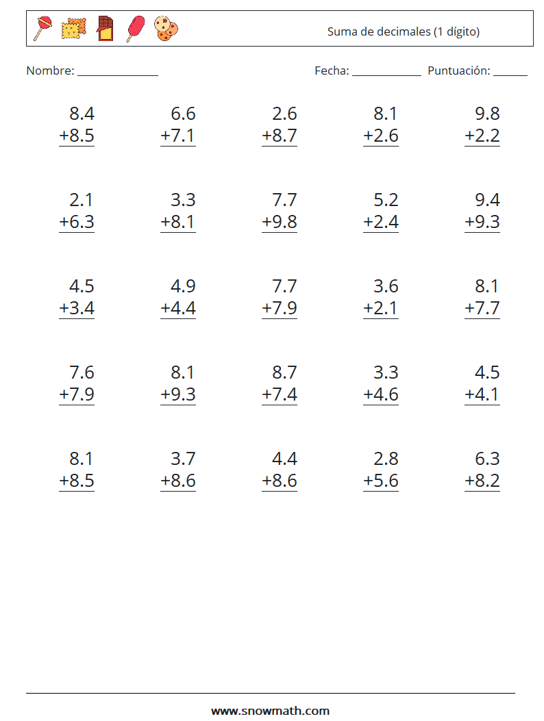 (25) Suma de decimales (1 dígito) Hojas de trabajo de matemáticas 15