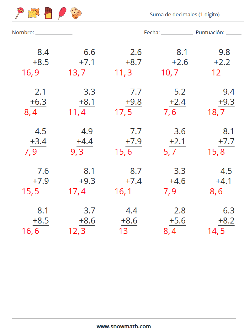 (25) Suma de decimales (1 dígito) Hojas de trabajo de matemáticas 15 Pregunta, respuesta