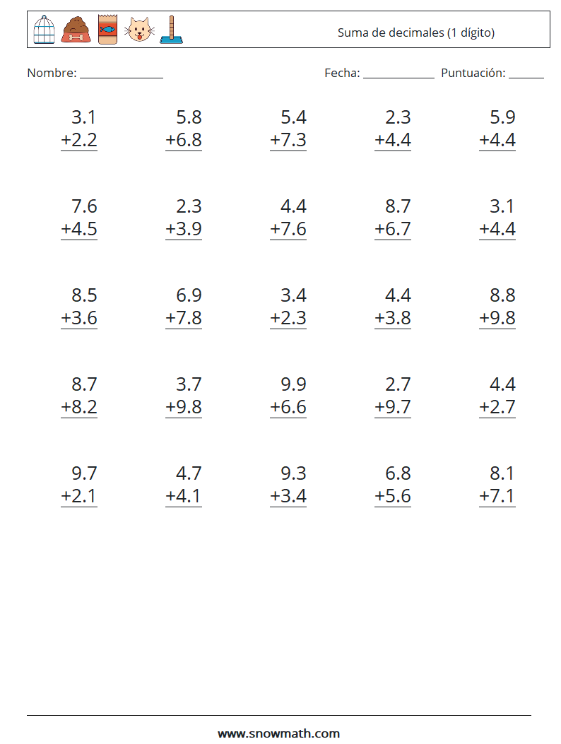 (25) Suma de decimales (1 dígito) Hojas de trabajo de matemáticas 16