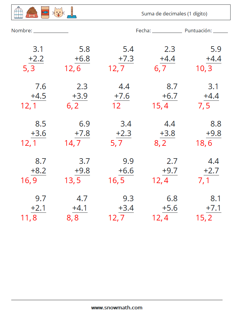 (25) Suma de decimales (1 dígito) Hojas de trabajo de matemáticas 16 Pregunta, respuesta