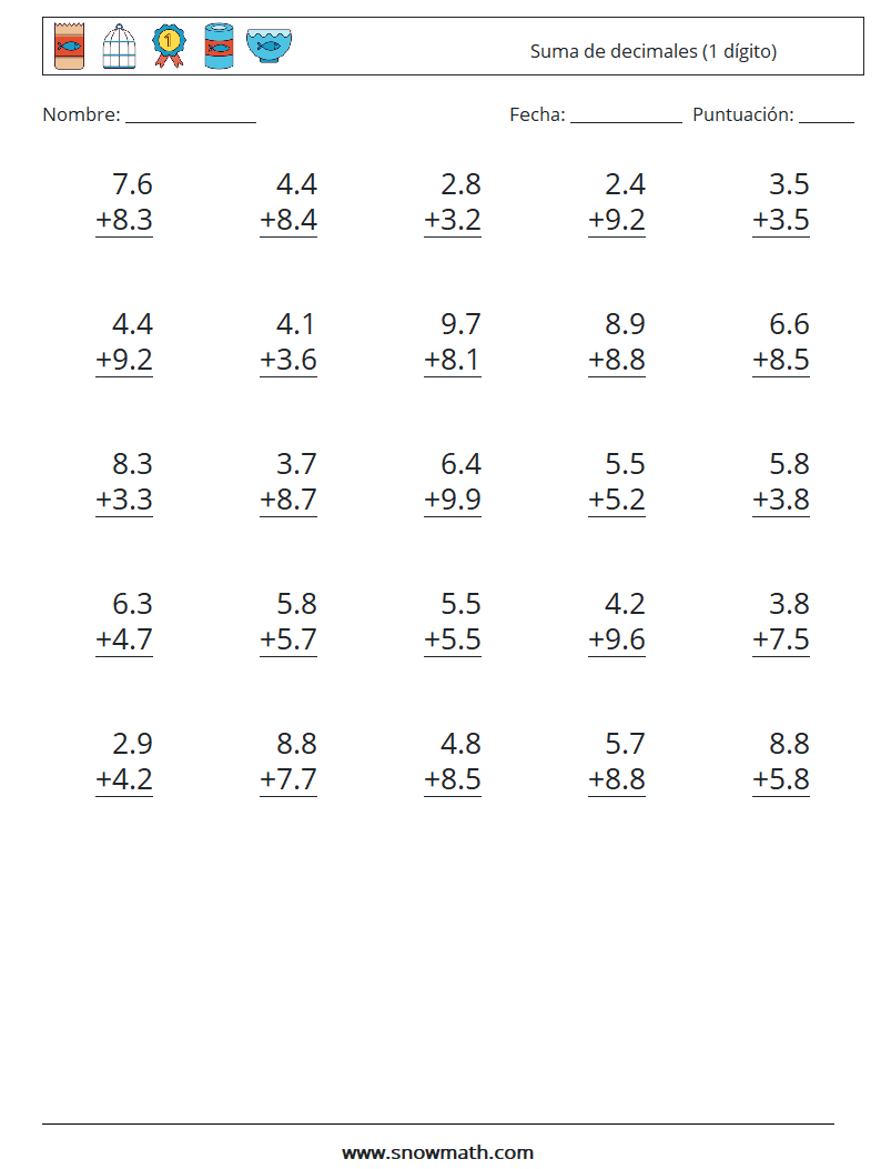 (25) Suma de decimales (1 dígito) Hojas de trabajo de matemáticas 17