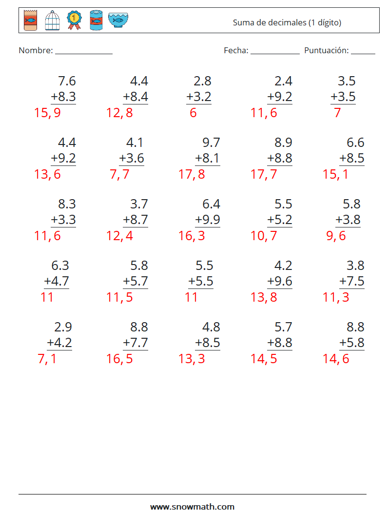 (25) Suma de decimales (1 dígito) Hojas de trabajo de matemáticas 17 Pregunta, respuesta