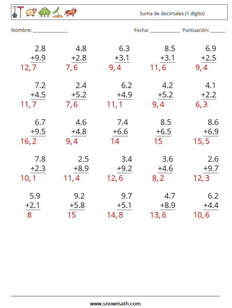 (25) Suma de decimales (1 dígito) Hojas de trabajo de matemáticas 18 Pregunta, respuesta