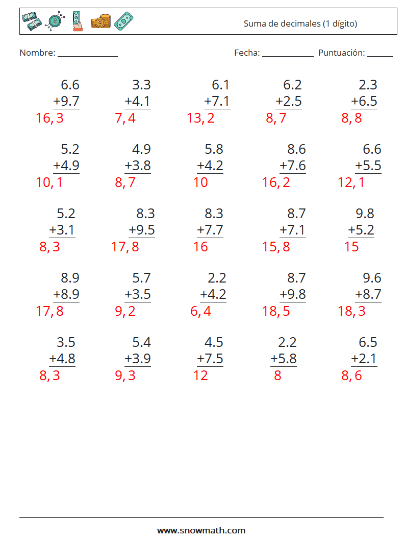 (25) Suma de decimales (1 dígito) Hojas de trabajo de matemáticas 1 Pregunta, respuesta