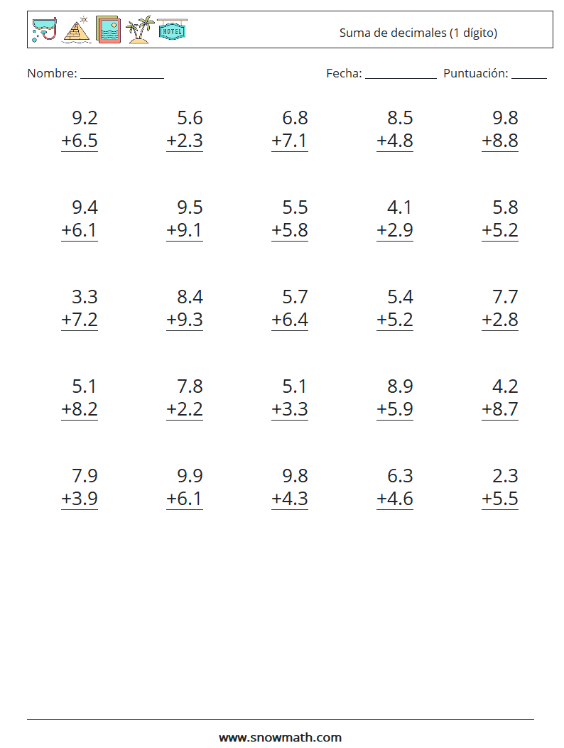 (25) Suma de decimales (1 dígito) Hojas de trabajo de matemáticas 2