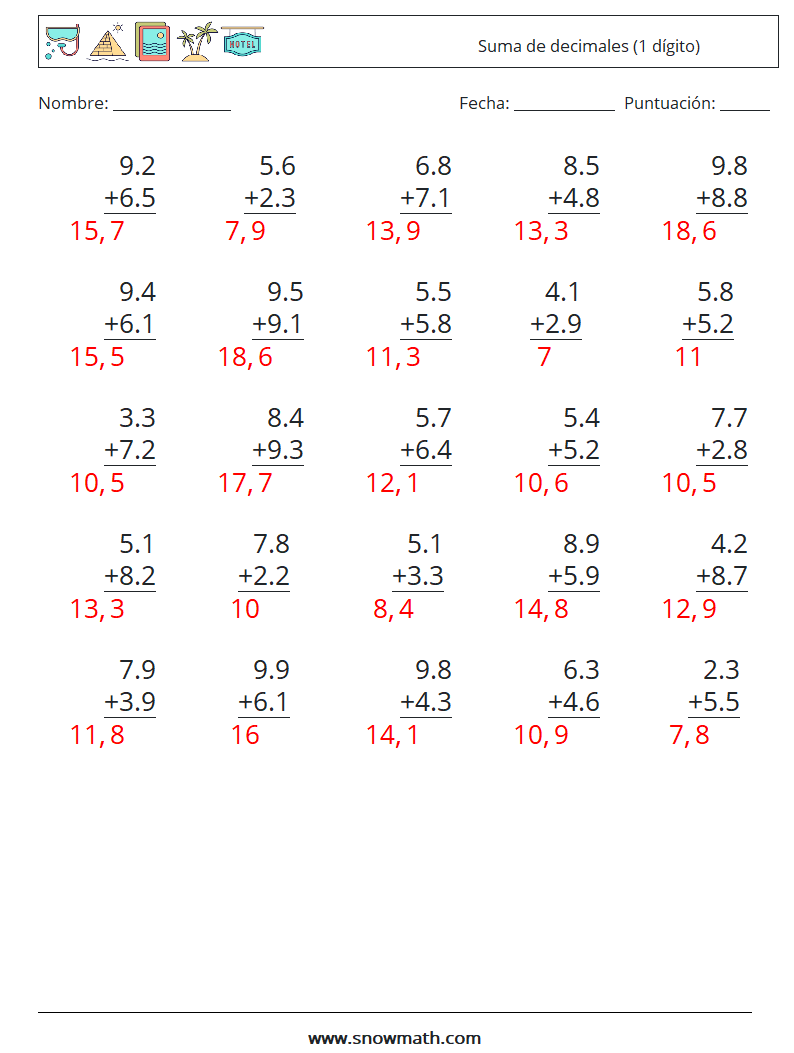 (25) Suma de decimales (1 dígito) Hojas de trabajo de matemáticas 2 Pregunta, respuesta