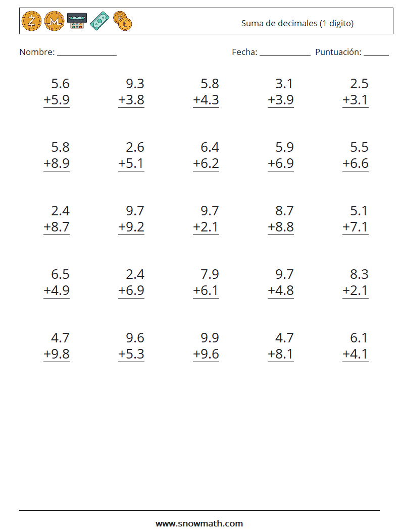 (25) Suma de decimales (1 dígito) Hojas de trabajo de matemáticas 3