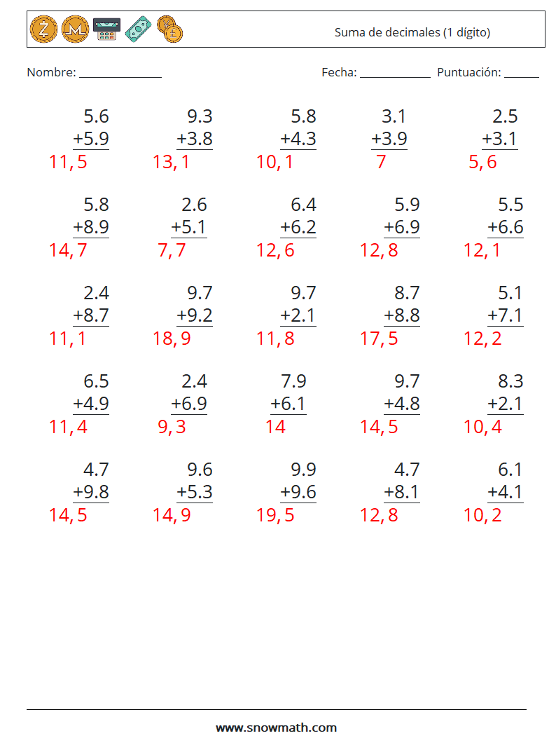 (25) Suma de decimales (1 dígito) Hojas de trabajo de matemáticas 3 Pregunta, respuesta