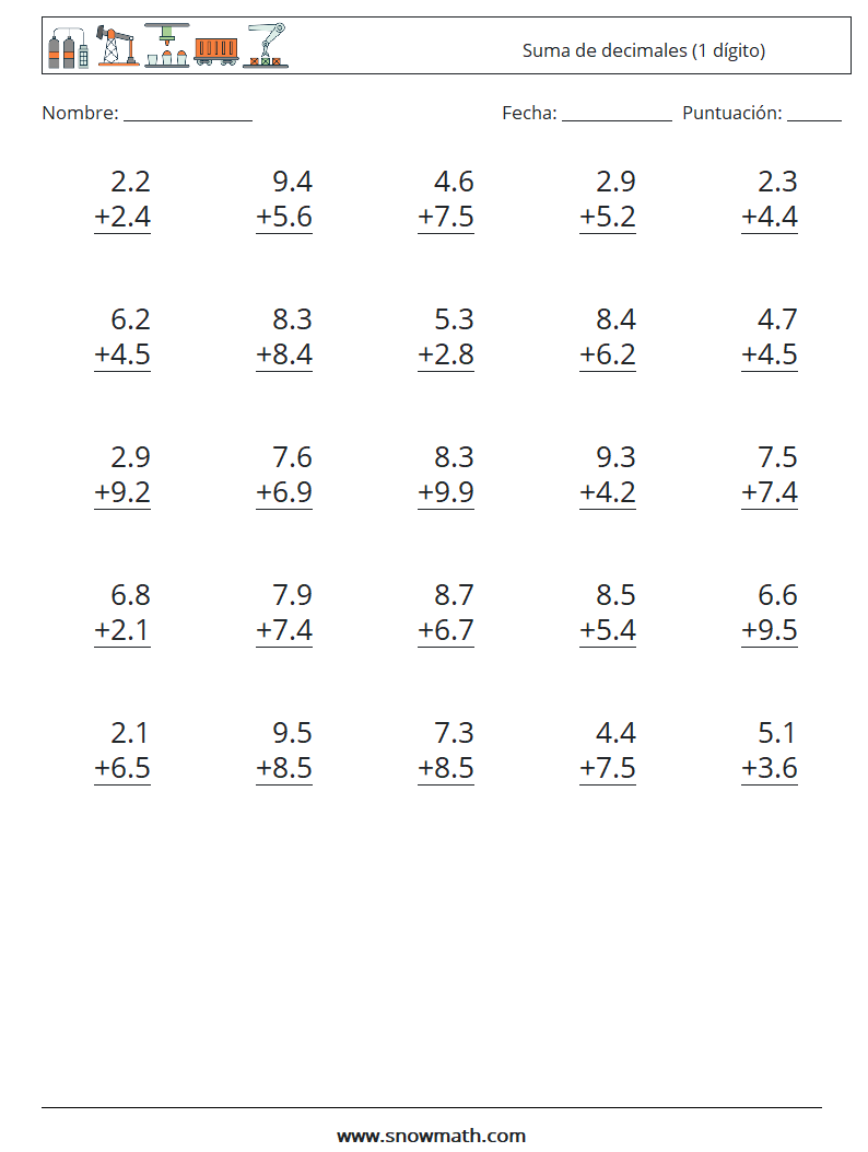 (25) Suma de decimales (1 dígito) Hojas de trabajo de matemáticas 4