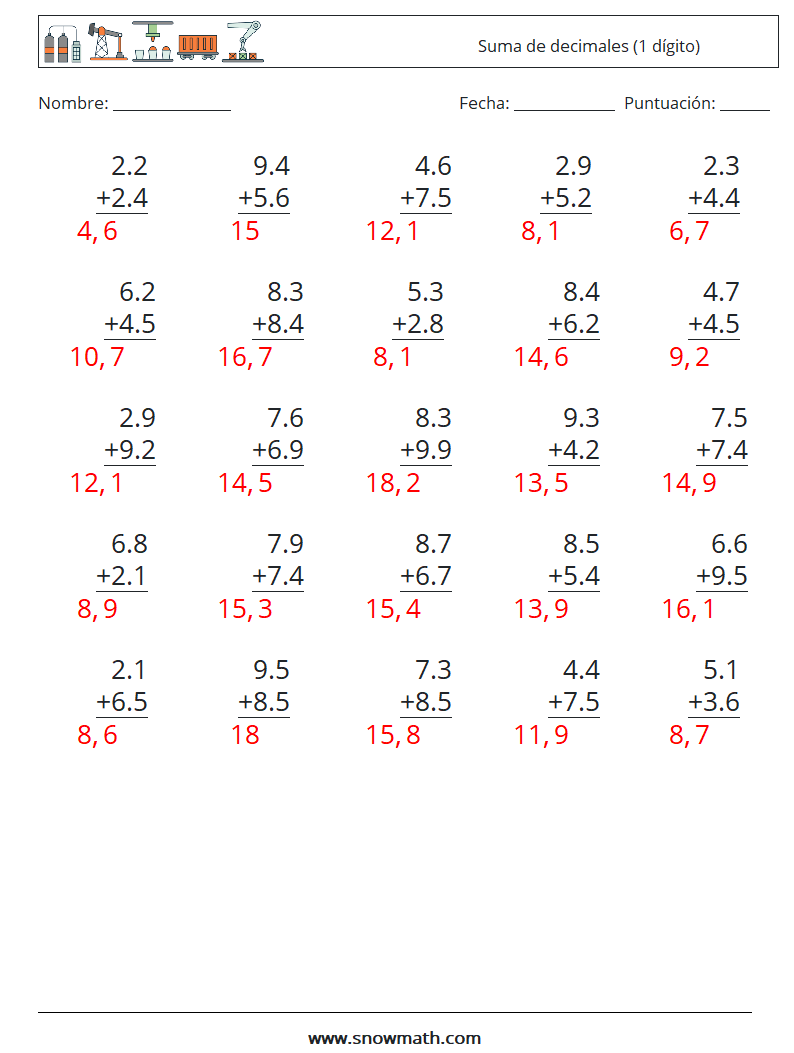 (25) Suma de decimales (1 dígito) Hojas de trabajo de matemáticas 4 Pregunta, respuesta