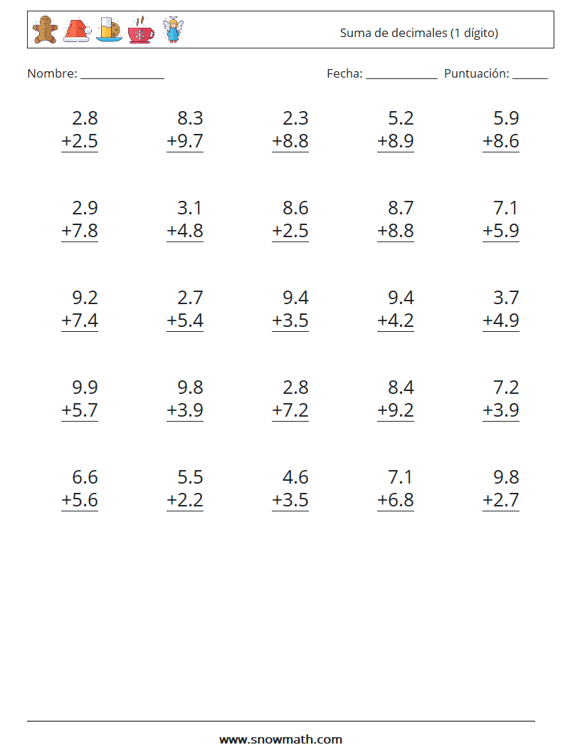 (25) Suma de decimales (1 dígito) Hojas de trabajo de matemáticas 5