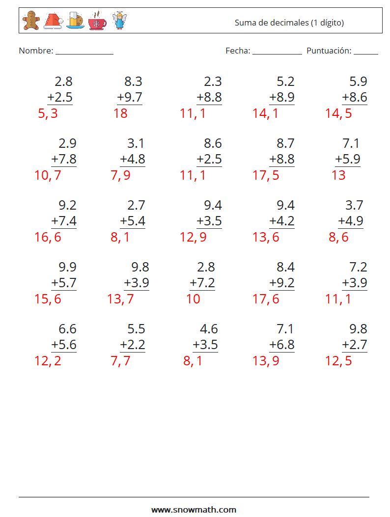 (25) Suma de decimales (1 dígito) Hojas de trabajo de matemáticas 5 Pregunta, respuesta