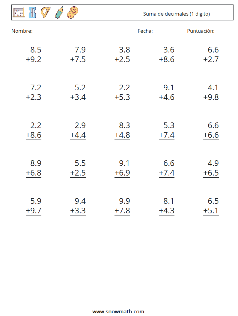 (25) Suma de decimales (1 dígito) Hojas de trabajo de matemáticas 7