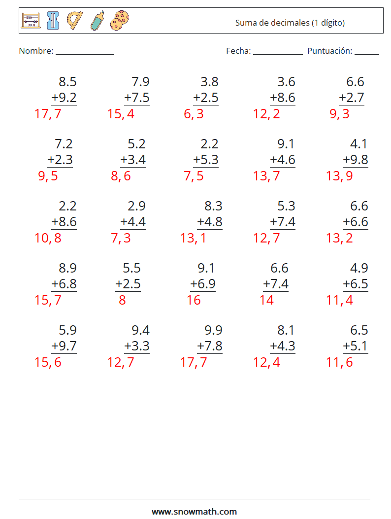 (25) Suma de decimales (1 dígito) Hojas de trabajo de matemáticas 7 Pregunta, respuesta