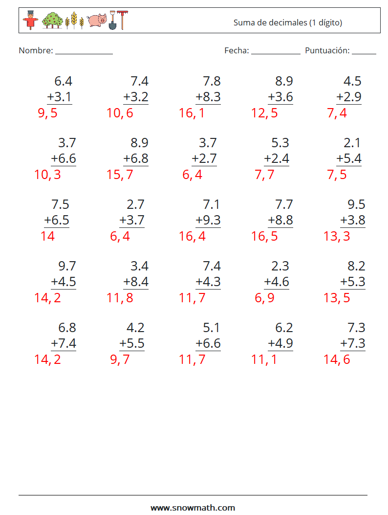 (25) Suma de decimales (1 dígito) Hojas de trabajo de matemáticas 8 Pregunta, respuesta