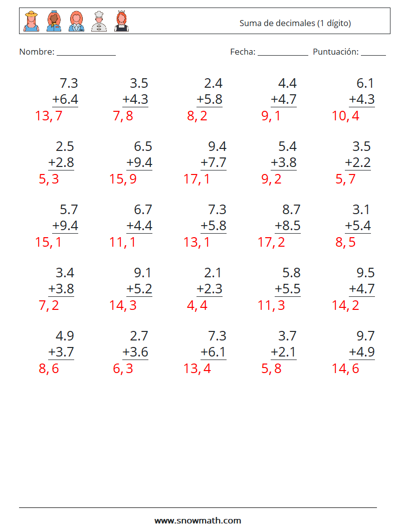 (25) Suma de decimales (1 dígito) Hojas de trabajo de matemáticas 9 Pregunta, respuesta