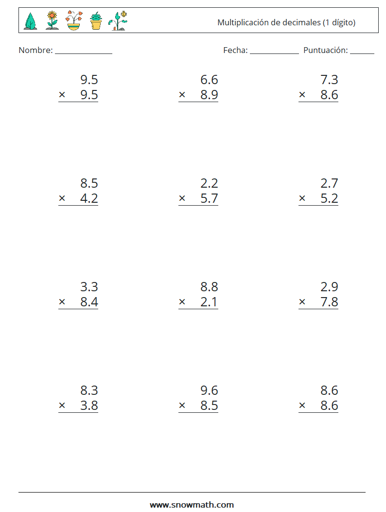 (12) Multiplicación de decimales (1 dígito) Hojas de trabajo de matemáticas 1