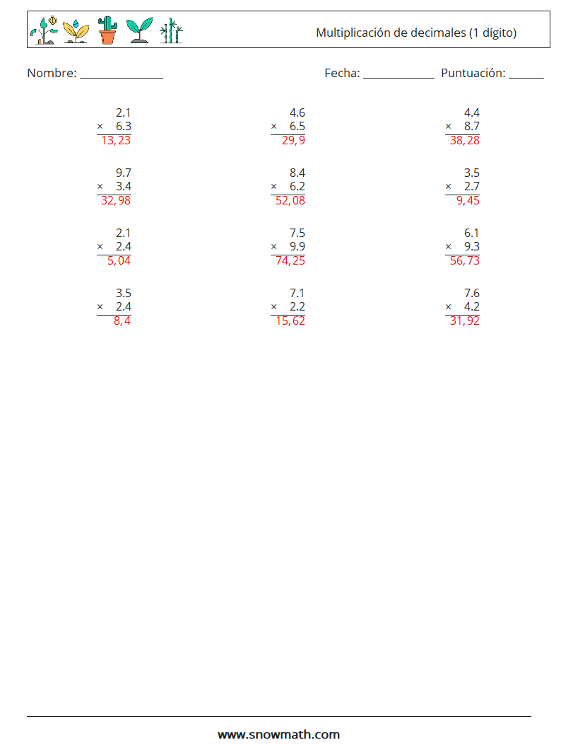 (12) Multiplicación de decimales (1 dígito) Hojas de trabajo de matemáticas 12 Pregunta, respuesta