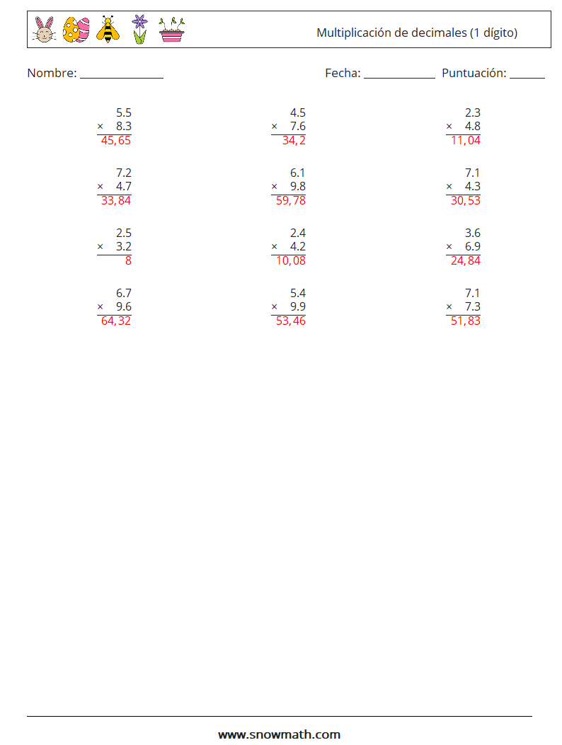 (12) Multiplicación de decimales (1 dígito) Hojas de trabajo de matemáticas 13 Pregunta, respuesta