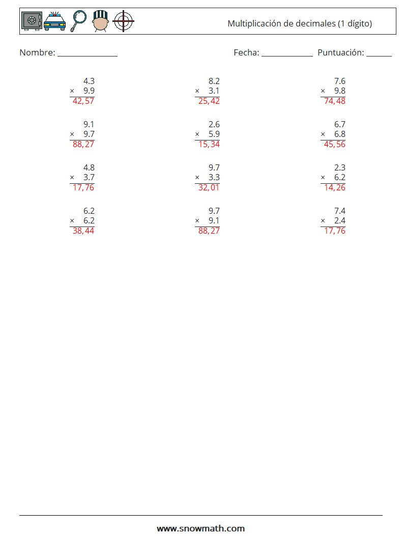 (12) Multiplicación de decimales (1 dígito) Hojas de trabajo de matemáticas 16 Pregunta, respuesta