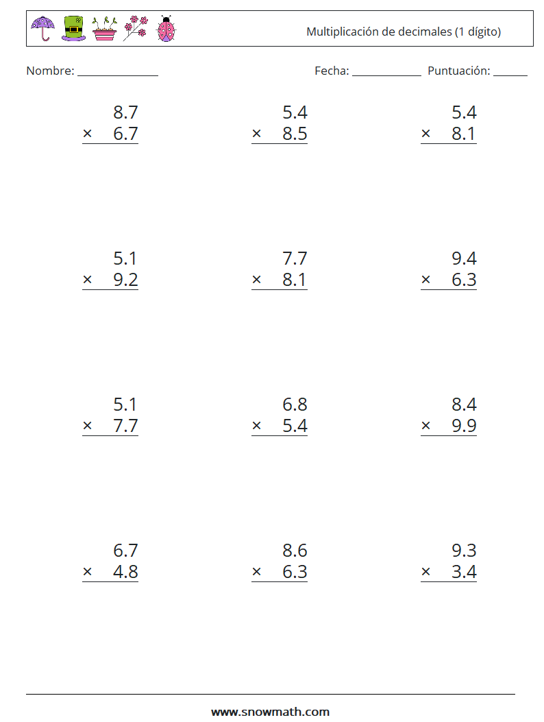 (12) Multiplicación de decimales (1 dígito) Hojas de trabajo de matemáticas 3