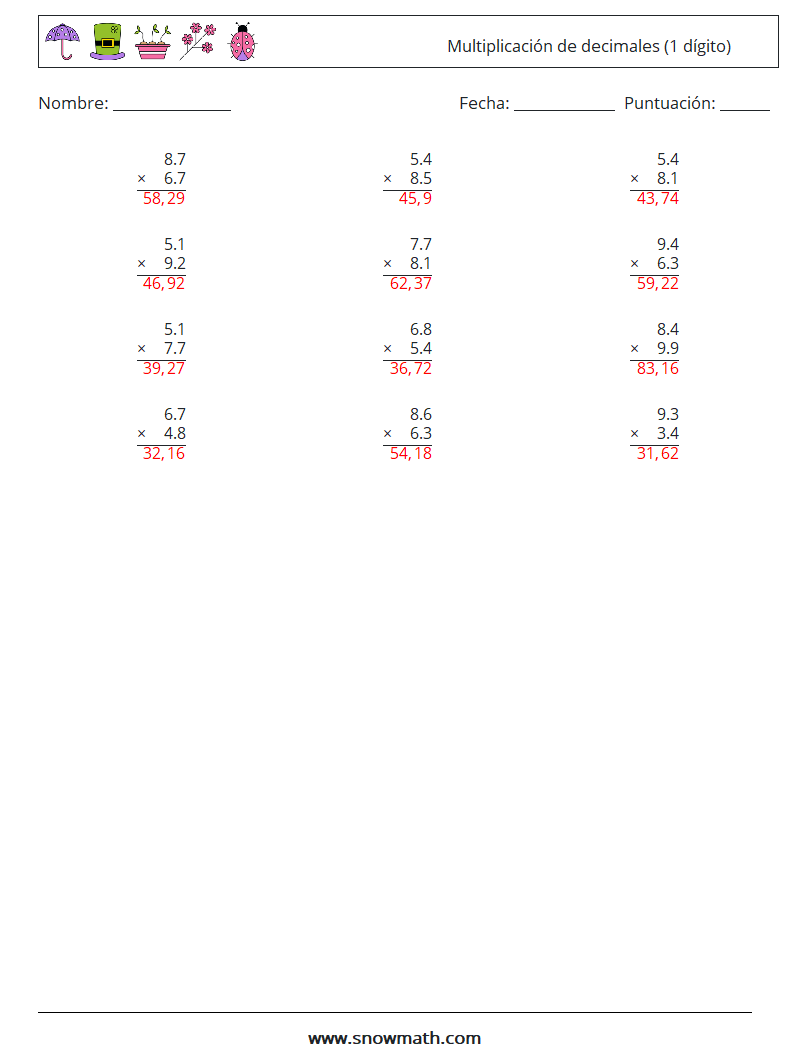 (12) Multiplicación de decimales (1 dígito) Hojas de trabajo de matemáticas 3 Pregunta, respuesta