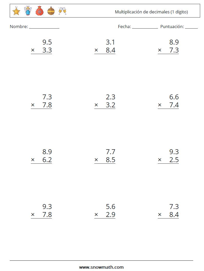 (12) Multiplicación de decimales (1 dígito) Hojas de trabajo de matemáticas 4