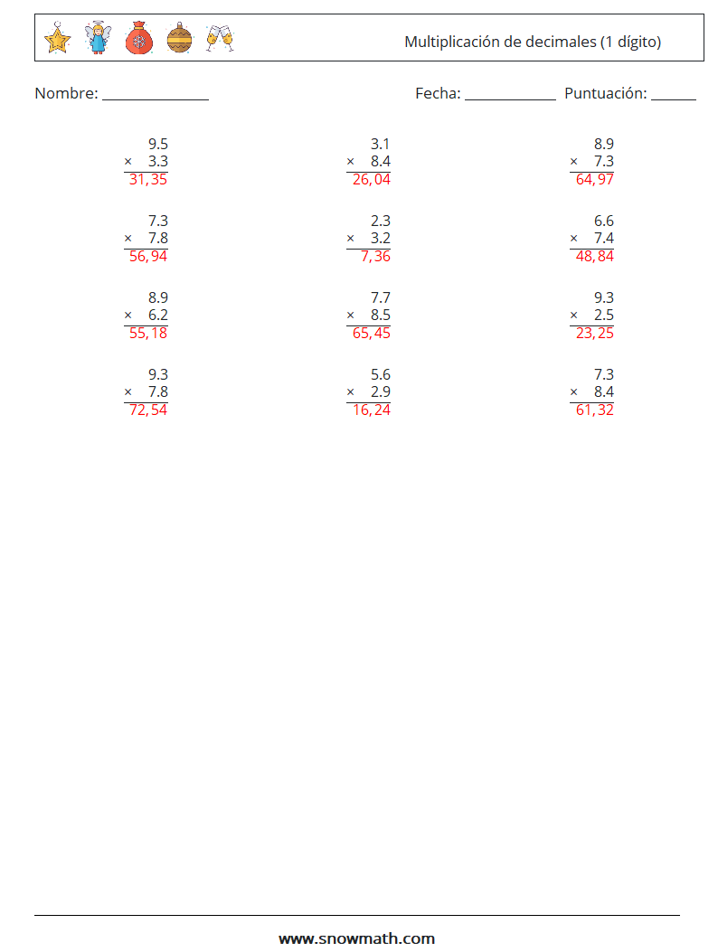 (12) Multiplicación de decimales (1 dígito) Hojas de trabajo de matemáticas 4 Pregunta, respuesta