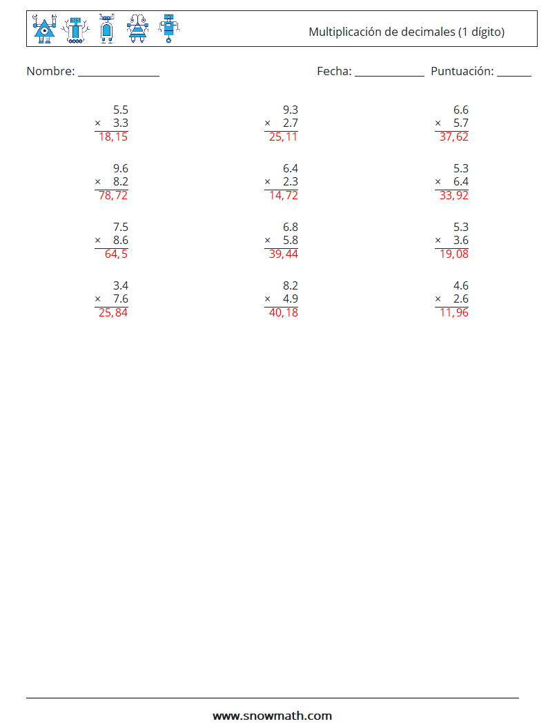 (12) Multiplicación de decimales (1 dígito) Hojas de trabajo de matemáticas 5 Pregunta, respuesta