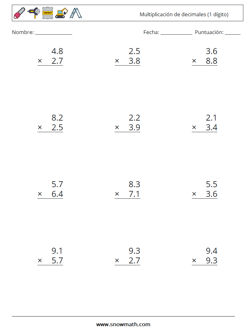 (12) Multiplicación de decimales (1 dígito) Hojas de trabajo de matemáticas 7