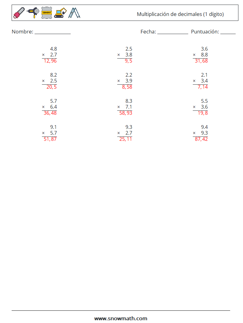 (12) Multiplicación de decimales (1 dígito) Hojas de trabajo de matemáticas 7 Pregunta, respuesta