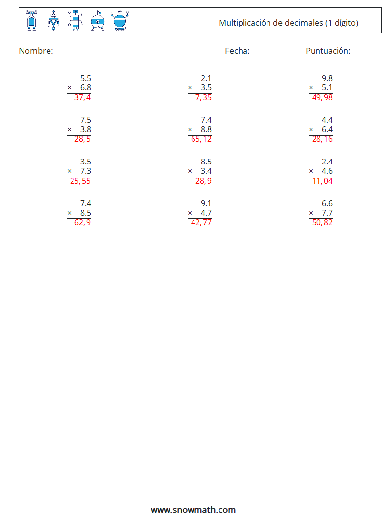 (12) Multiplicación de decimales (1 dígito) Hojas de trabajo de matemáticas 8 Pregunta, respuesta