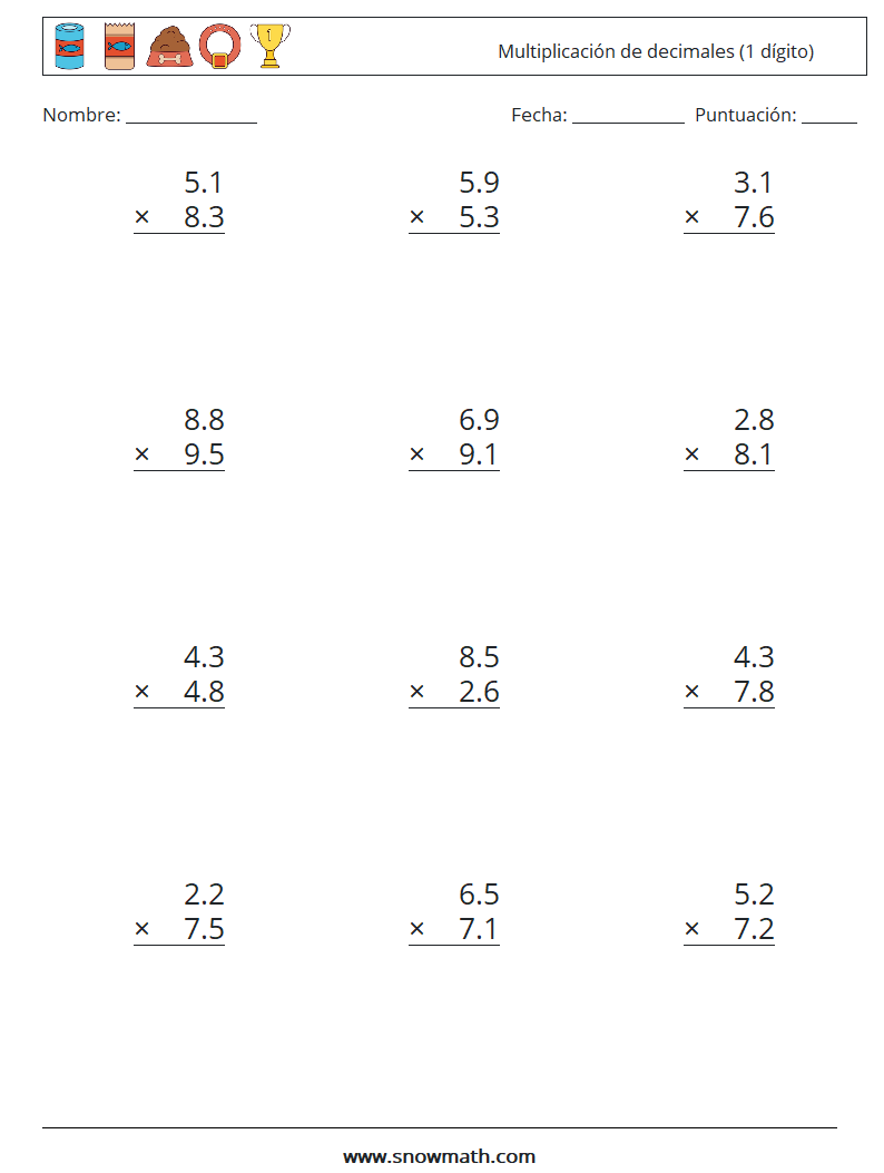 (12) Multiplicación de decimales (1 dígito) Hojas de trabajo de matemáticas 9