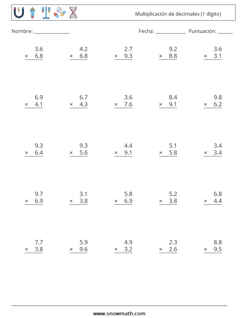 (25) Multiplicación de decimales (1 dígito) Hojas de trabajo de matemáticas 1