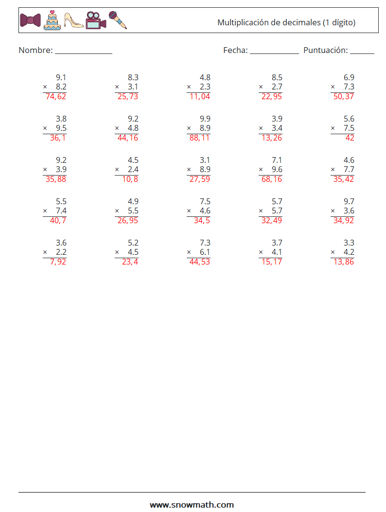 (25) Multiplicación de decimales (1 dígito) Hojas de trabajo de matemáticas 10 Pregunta, respuesta