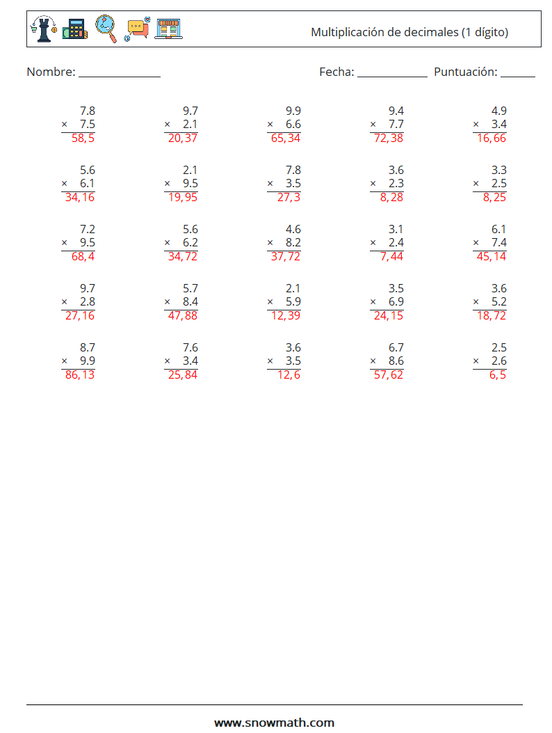 (25) Multiplicación de decimales (1 dígito) Hojas de trabajo de matemáticas 11 Pregunta, respuesta