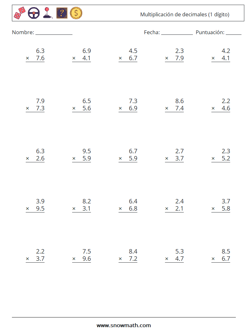 (25) Multiplicación de decimales (1 dígito) Hojas de trabajo de matemáticas 13